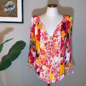 Anthropologie Fig & Flower V-Neck 3/4 Sleeve Blouse, Orange/Pink/Red Floral, XL